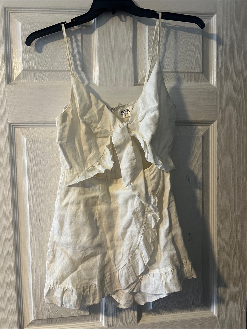 SEEK White Linen Tie-Front Ruffle Cami Romper